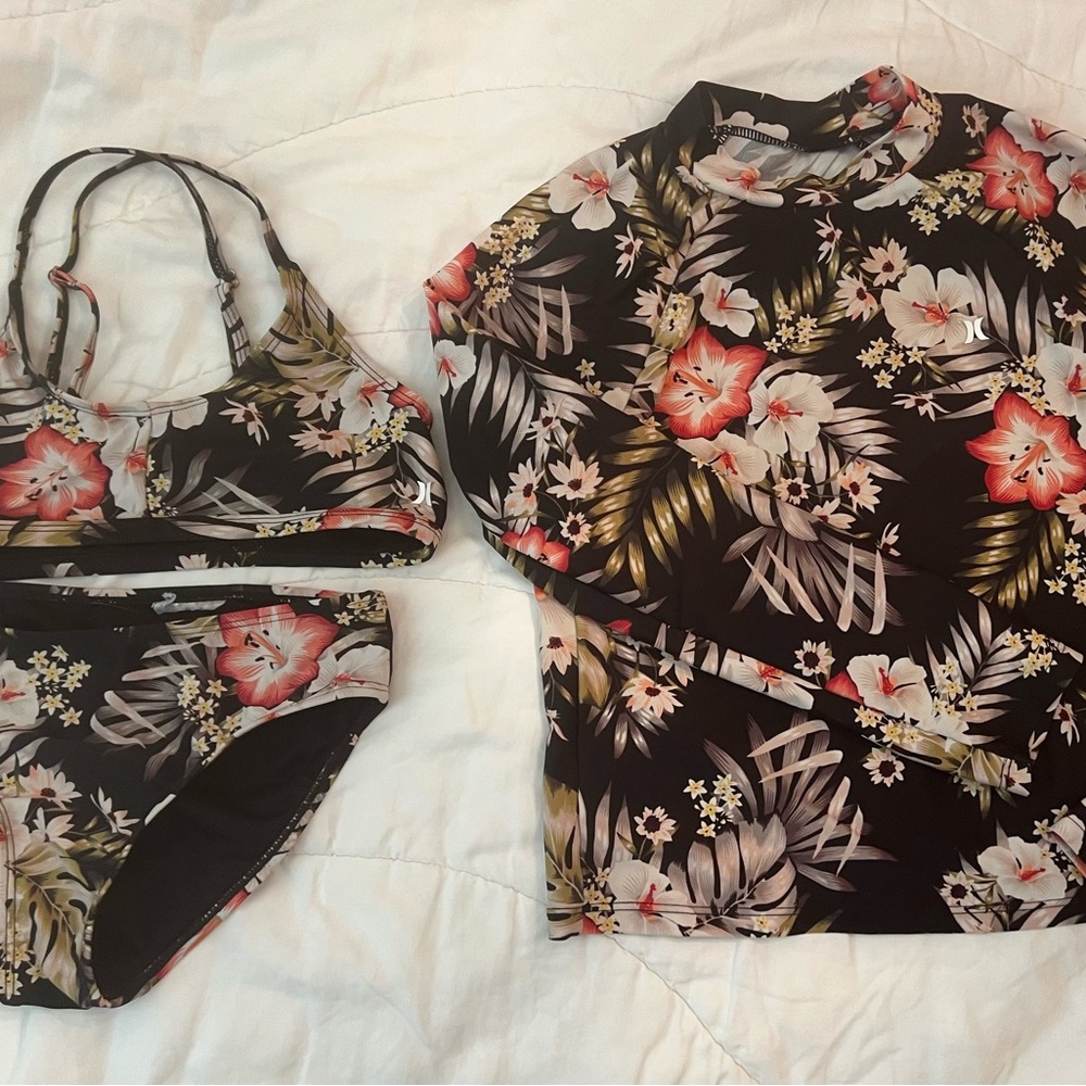 Hurley Kids Swim Bikini and Rash Guard - Black with Floral Pattern